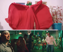 The director wanted Cardi B's location to showcase a "neighborhood feel," J Balvin (bottom left) a "club scene" with a live band and Bad Bunny (bottom right) "the street hood feel". Pictured atop, a screenshot of a "hero shot" from Cardi. I Like It Music Video (Cardi B, Bad Bunny and J Balvin).png