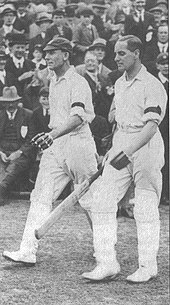 Jack Hobbs (left) and Herbert Sutcliffe opening an innings for England. Jack Hobbs and Herbert Sutcliffe (1926).jpg