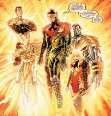 Phoenix Five portrayed on the cover of Avengers vs. X-Men #5, June 2012; Left and right: Namor, Emma Frost, Cyclops with Hope Summers, Colossus and Magik (illustration by John Romita Jr.) Phoenix Five (comics).jpg