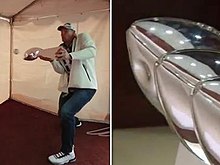 Former New England Patriots tight end Rob Gronkowski using the trophy as a bat (left), and the baseball-sized dent he left on it in April 2019 Rob Gronkowski denting the Lombardi Trophy.jpg