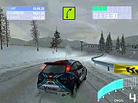 Gameplay screenshot showing the Ford Focus RS WRC as driven by McRae in the 2000 World Rally Championship season Colin McRae 2 PC gameplay.jpg