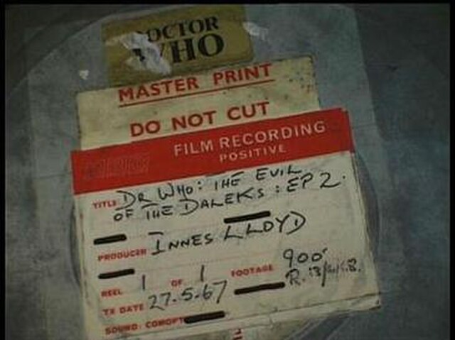 Film can containing a 16 mm film telerecording print of The Evil of the Daleks, Episode 2.