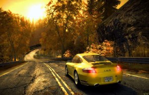 Promotional screenshot of Rockport's fall foliage of Most Wanted for the Xbox 360 with Porsche 911 Turbo S.