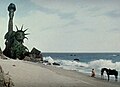 The cliff face of Point Dume is obscured by the matte painting of the Statue of Liberty.