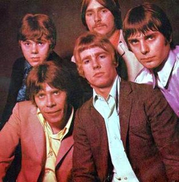 The Status Quo in 1968, from a promotional poster for the single "Black Veils of Melancholy" – clockwise from top: Francis Rossi, John Coghlan, Rick P