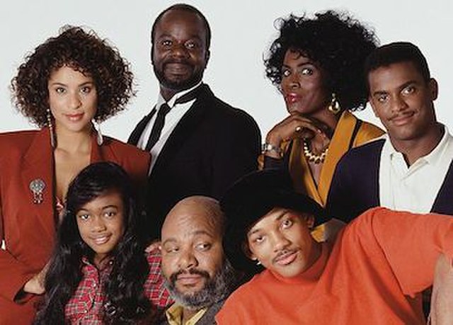 The cast of The Fresh Prince of Bel-Air, seasons 1–3. From top left: Karyn Parsons, Joseph Marcell, Janet Hubert-Whitten, Alfonso Ribeiro. From bottom