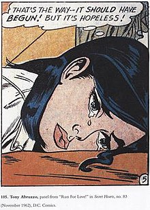 Tony Abruzzo's panel from "Run For Love!" in Secret Hearts, no. 83 (November 1962) was the source for Hopeless. Hopeless - Secret Hearts.jpg