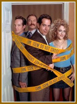 The main cast of Monk (from left); Jason Gray-Stanford as Randy Disher, Ted Levine as Leland Stottlemeyer, Tony Shalhoub as Adrian Monk, and Bitty Schram as Sharona Fleming Old Monk Cast.jpg