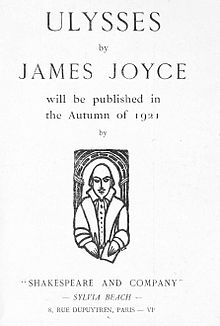 Page saying 'ULYSSES by JAMES JOYCE will be published in the Autumn of 1921 by "SHAKESPEARE AND COMPANY" — SYLVIA BEACH — 8, RUE DUPUYTREN, PARIS — VIe'