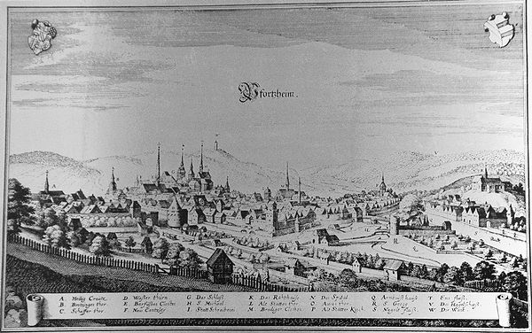 A view of Pforzheim in the early 17th century. It shows all significant landmarks including the city wall, the rivers Enz and Nagold, the three monast