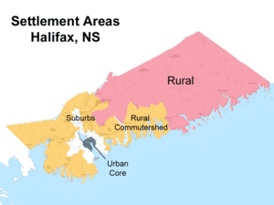 Urban, suburban, and rural divisions as defined by HRM planning department. The majority of Halifax is made up of rural areas. Hrmurbansuburbanruraldets.png