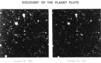 The same area of night sky with stars, shown twice, side by side. One of the bright points, located with an arrow, changes position between the two images.