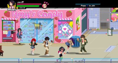 River City Girls single-player gameplay as Misako; four attacking enemies inside a mall. River city girls gameplay.jpg