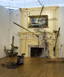 Valerie Hegarty, Seascape: Overseas (Fireplace with Harpoons), foamcore, paper, paint, glue and gel medium, approx. 10' x 8' x 8', 2006. Valerie Hegarty Overseas (Fireplace) 2006.jpg