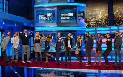 The cast of Celebrity Big Brother 2 L–R: Tom Green, Tamar Braxton, Ryan Lochte, Dina Lohan, Kandi Burruss, Anthony Scaramucci, Joey Lawrence, Lolo Jon