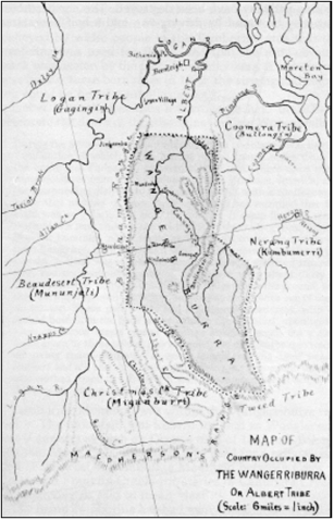 Partial Yugambeh Clan Map circa 1913 Map of the Wanggeriburra and Neighbouring Groups.png