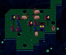 A screenshot from a puzzle in OneShot. The image features a pixel art scene with a dark background. The foreground contains a grassy patch where Niko stands. The area is populated with several sheep and various stone pillars that have orange-glowing lights mounted on them. The terrain is surrounded by dark void-like tiles.