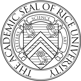 The academic seal of Rice University. A shield divided by a chevron, carrying three owls as charges, with scrollwork saying LETTERS, SCIENCE, ART
