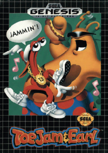 Two cartoon-style characters dance; one holds a hot dog and the other, in a speech bubble above his head, says "JAMMIN'!". Text below them reads, "ToeJam & Earl".