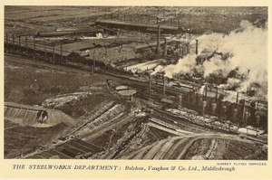 Bolckow, Vaughan & Co Ltd, Middlesbrough, Steelworks department, 1929 Bolckow Vaughan Middlesbrough Steelworks aerial view 1929.jpg