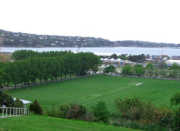 Looking south across Logan Park towards Otago Harbour from the Dunedin Northern Cemetery