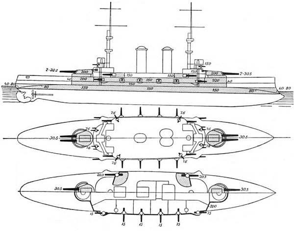 Plan and profile drawing of the Regina Margherita class