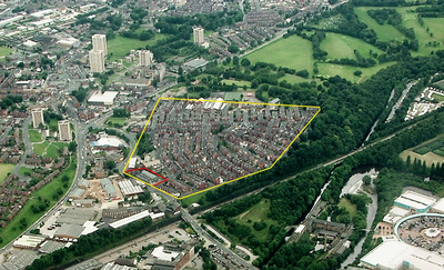 An aerial view of Armley. The most heavily contaminated housing area is enclosed by the yellow box. The red box encloses the former Midland Works asbestos factory. Aviaries Estate and Midland Works, Armley .png