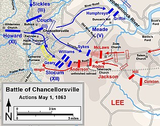 Movements of XII Corps, 2nd Division, on May 1 are indicated by yellow arrows. Map by Hal Jespersen, www.posix.com/CW Cville 630501 125.jpg