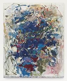 An abstract painting by Joan Mitchell with curving and slashing brushstrokes in blue, green, and red, among other colors, on a white canvas