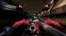 A level in Crimson Dragon, with the current dragon fighting enemies during an on-rails section. Crimson Dragon gameplay.png