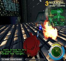 The player's Fuchikoma robot scaling a skyscraper and attacking an enemy Ghost-in-the-shell-PS1-screenshot.png