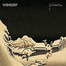 A village in a mountainous landscape during night. A man with a conical hat and a cane, and a saddled horse can be seen in the foreground. At the top left corner of the image is written "Weezer", and at top right is "Pinkerton".