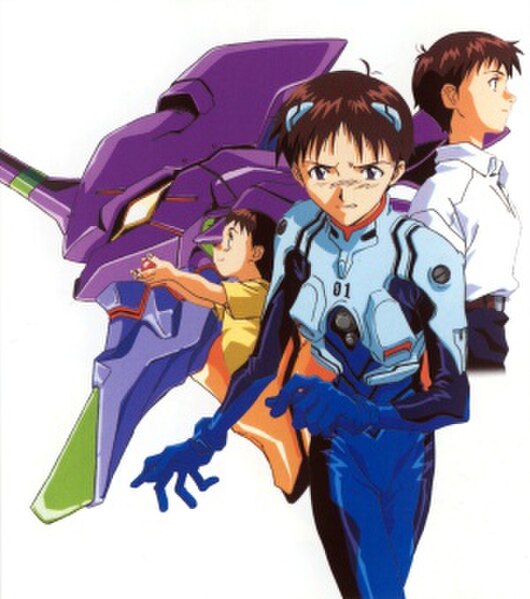 Shinji Ikari with his Eva-01 (in the background) as a child (left), as a pilot (center) and as a student (right)