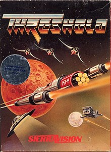 Several fictional spaceships illustrated in front of several fictional planets. The word "Threshold" is printed at the top, and "SierraVision" is printed at the bottom.