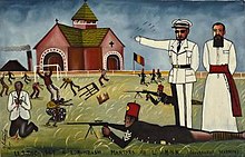 A painting of the Elisabethville massacre by Tshibumba Kanda-Matulu, a Congolese artist, depicting the church and colonial state (personified at the right) as the instigators Elizabethville Massacre (Matulu).jpg