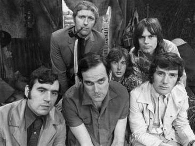 Monty Python in 1969: Back row: Chapman, Idle, Gilliam Front row: Jones, Cleese, Palin