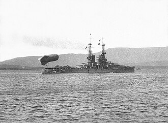 Utah, Admiral Rodgers's flagship during World War I, exercises with a kite balloon in Bantry Bay, Ireland. Kite Balloon USS Utah.jpg