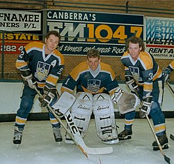 1992 Canberra Knights - Steven Woods (A), Jason Elliot (G) and Al McLean Knights 1992 - Woods Elliot McLean.jpg