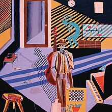 A crude painting of a man standing in a room with a piano and a table that has playing cards on it, with a kokopelli painted on the wall behind him