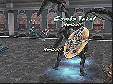 A battle in Shadow Hearts: Covenant: battle actions depend on the proper use of the Judgment Ring. Shown is one part of a "Combo Trial" between multiple characters. SH Covenant gameplay.jpg