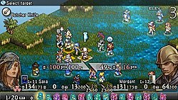 A battle from the Tactics Ogre remake, with two characters pitted against each other during a player turn; shown are the units involved, turn timeline, equipment and weapons, and statistics. Tactics Ogre PSP gameplay.jpg