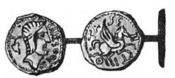 Drawing of bronze coin issued by Tasgetius (Tasgiitios) Tasgetius coin.jpg