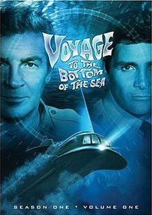 Cover art from the 2006 DVD release of the 1st season of Voyage to the Bottom of the Sea showing stars Richard Basehart and David Hedison, with the su