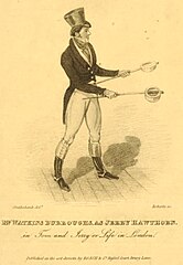 Engraving of a man in 1820s day wear, in top hat, holding a sword in each hand