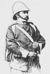 drawing of a young white man, with neat moustache, in British military uniform including pith helmet