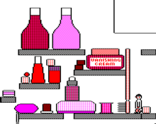 Laboratory's shelves, navigated by Cyril to the lower right (BBC Micro) BBC micro Elixir screenshot.png
