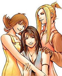 From left, Tetsuya Nomura's designs of Selphie, Rinoa and Quistis