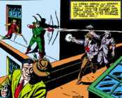 A panel of More Fun Comics #73 (November 1941), featuring Green Arrow and Speedy's debut and their original costumes. Art by George Papp. Green Arrow & Speedy (More Fun Comics -73).png