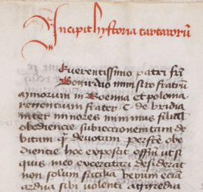 The start of the Tartar Relation in the Yale manuscript. The rubric above the first line reads Incipit hystoria tartarorum. Incipit hystoria tartarorum - Yale MS.png