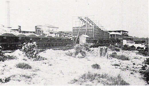 mid-winter photo of Pelaw Main Colliery and loading facilities; note boiler-house's chimney far left. Pelaw Main Colliery.jpg